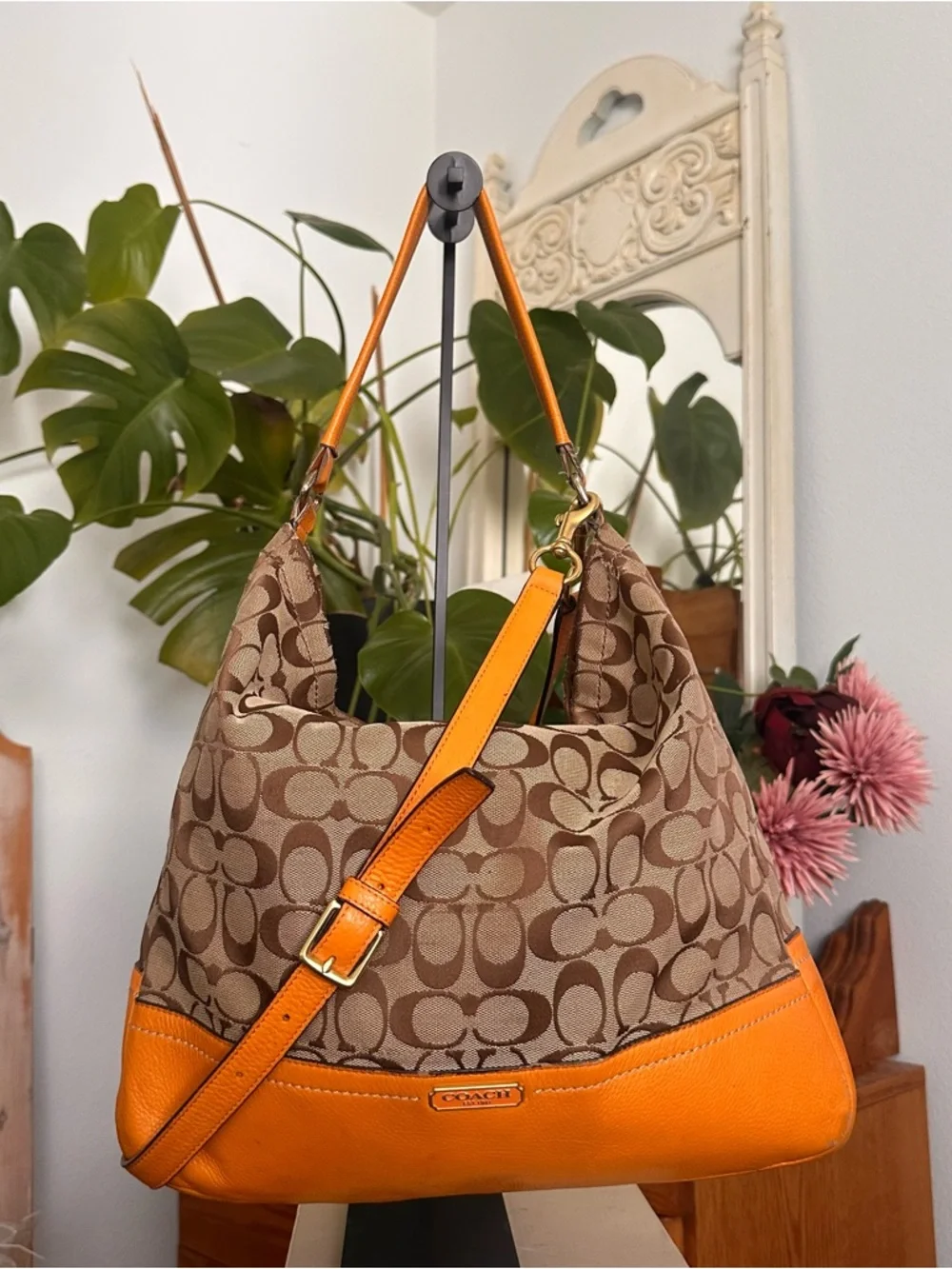 Coach Brown Signature Canvas Hobo with Orange Leather Trim